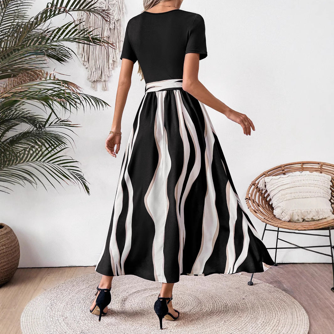 Robe Midi Rayée à Taille Nouée