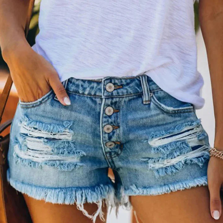 Tracy – Short en Jean Taille Haute Délavé avec Franges et Effet Déchiré