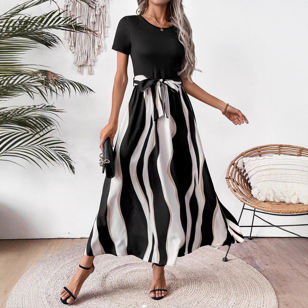 Robe Midi Rayée à Taille Nouée