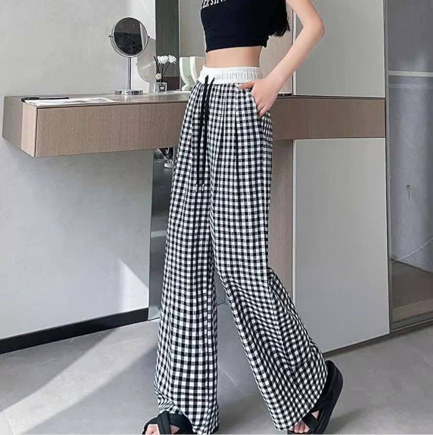 Sofia – Pantalon Carreaux, Taille Haute & Coupe Relax
