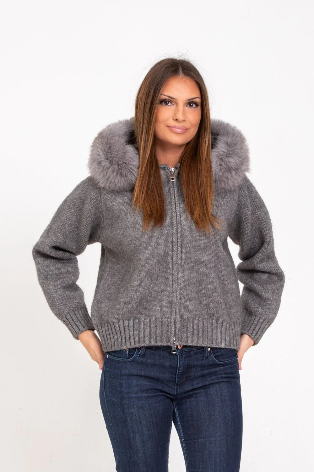 Veste Tricotée Zippée Capuche Fourrure