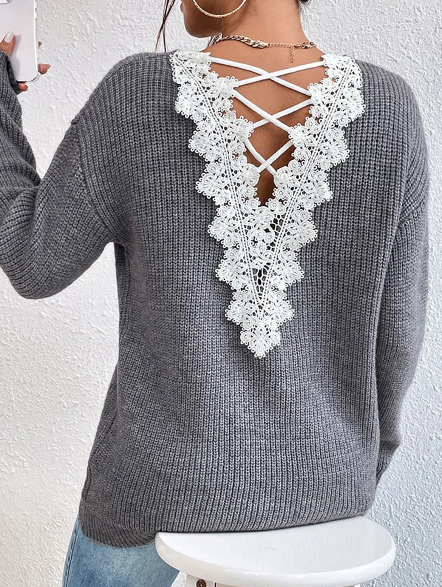 Pull Dos Nu en Dentelle Ajurée