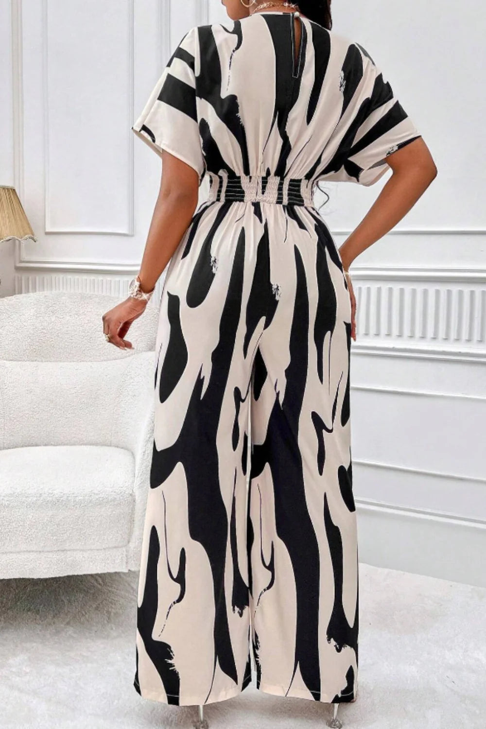 Combinaison Imprimée Col V Jambes Larges Taille Haute