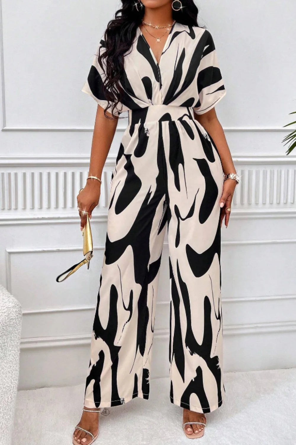 Combinaison Imprimée Col V Jambes Larges Taille Haute