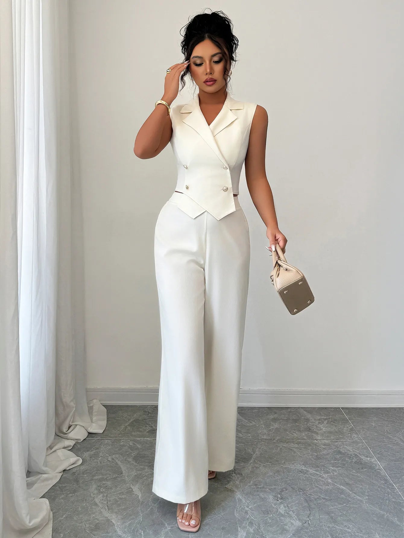Ensemble Gilet Croisé & Pantalon Palazzo Écru