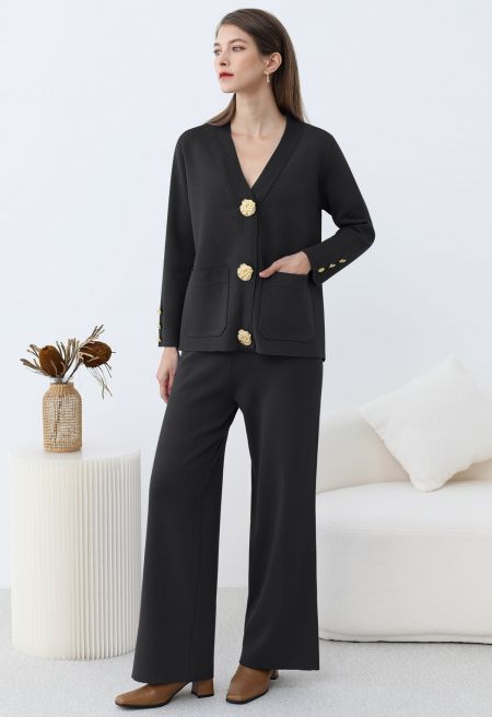 Ensemble maille boutons dorés col-V pantalon-long