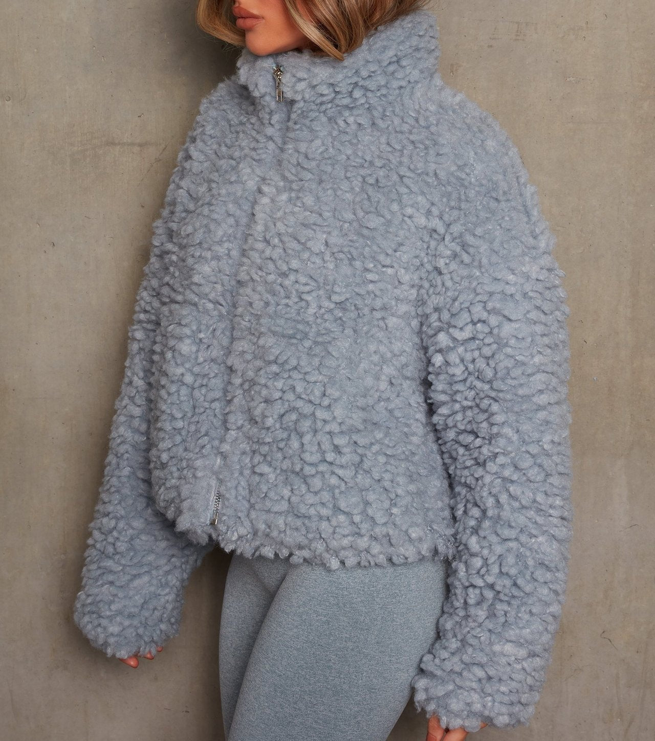 Veste teddy courte zippée col montant