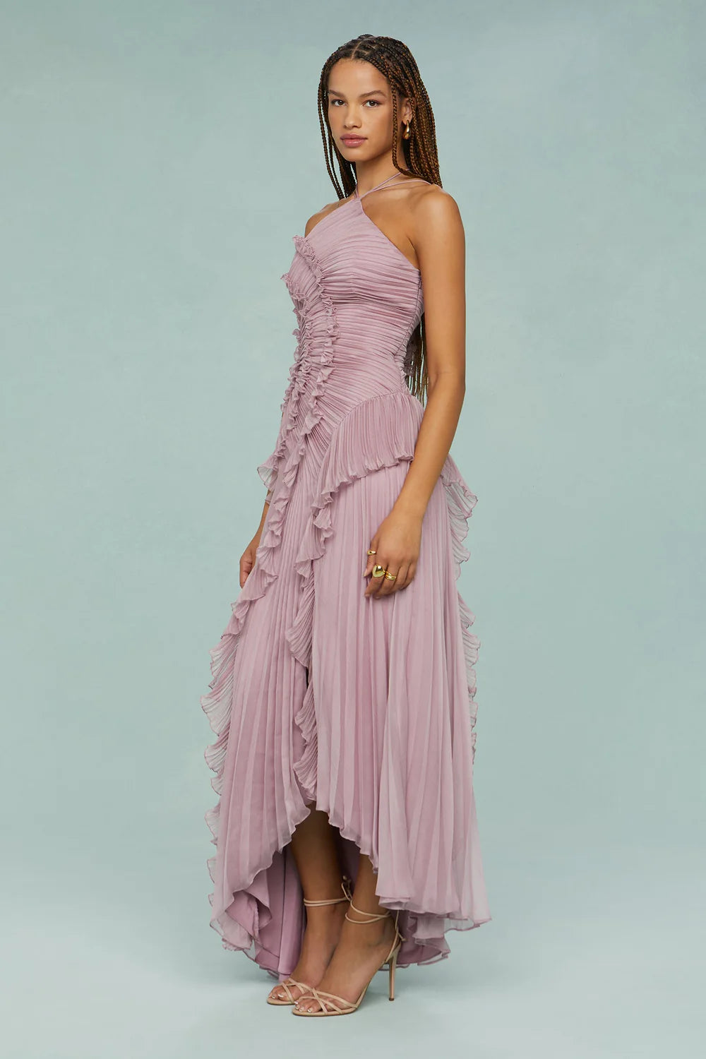 Robe longue plissée volants cascade
