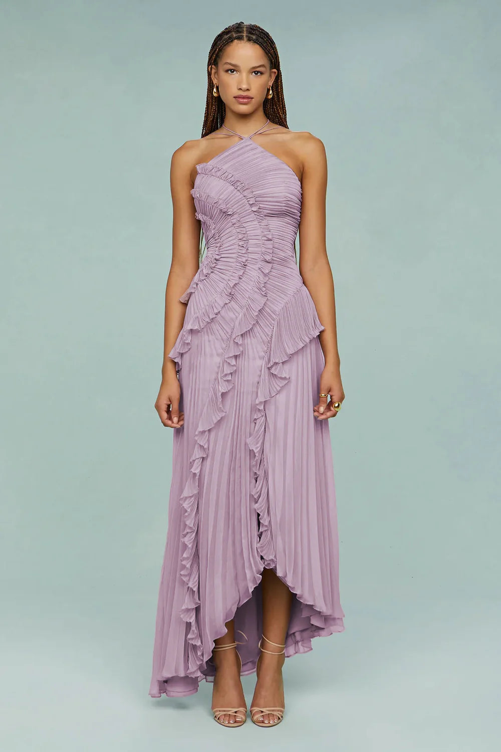 Robe longue plissée volants cascade