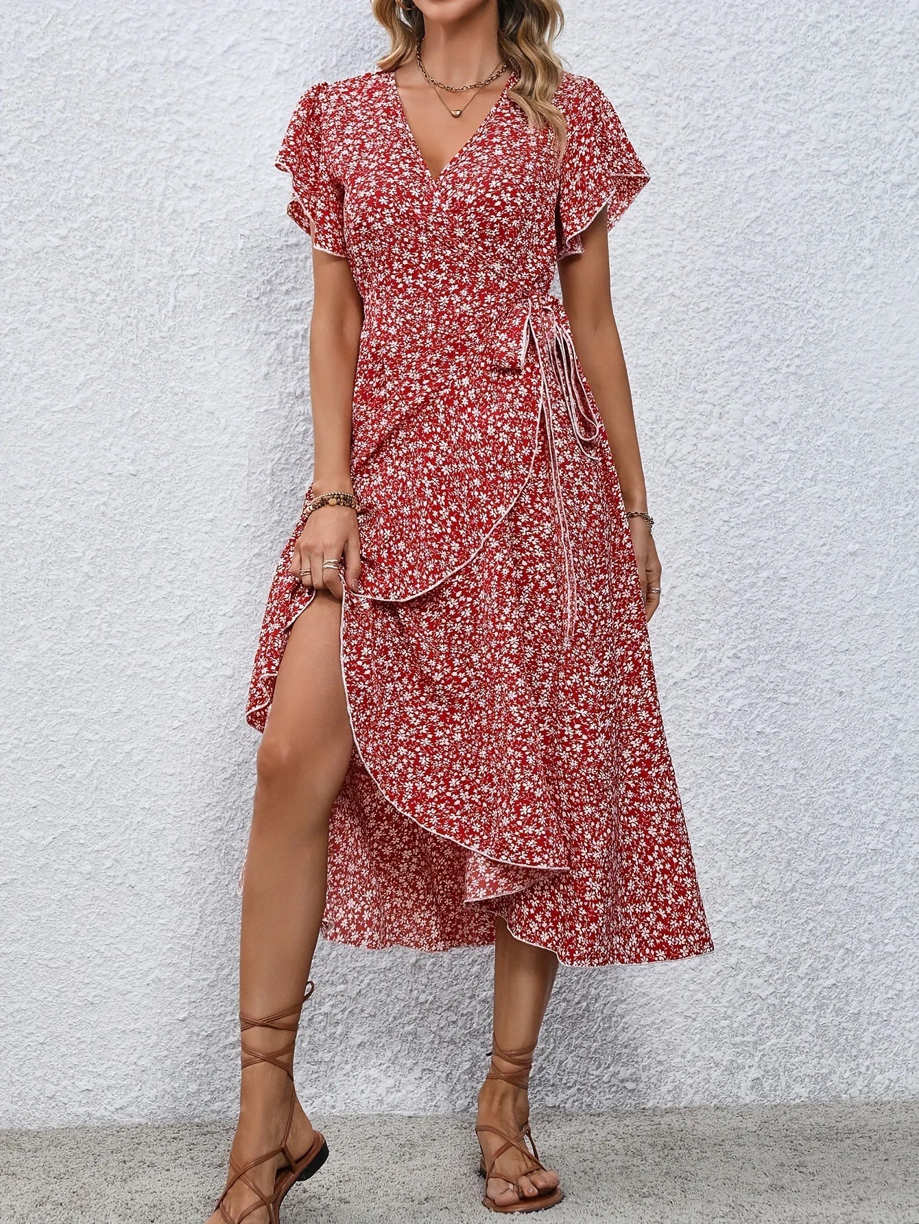 Robe portefeuille fleurie fendue midi