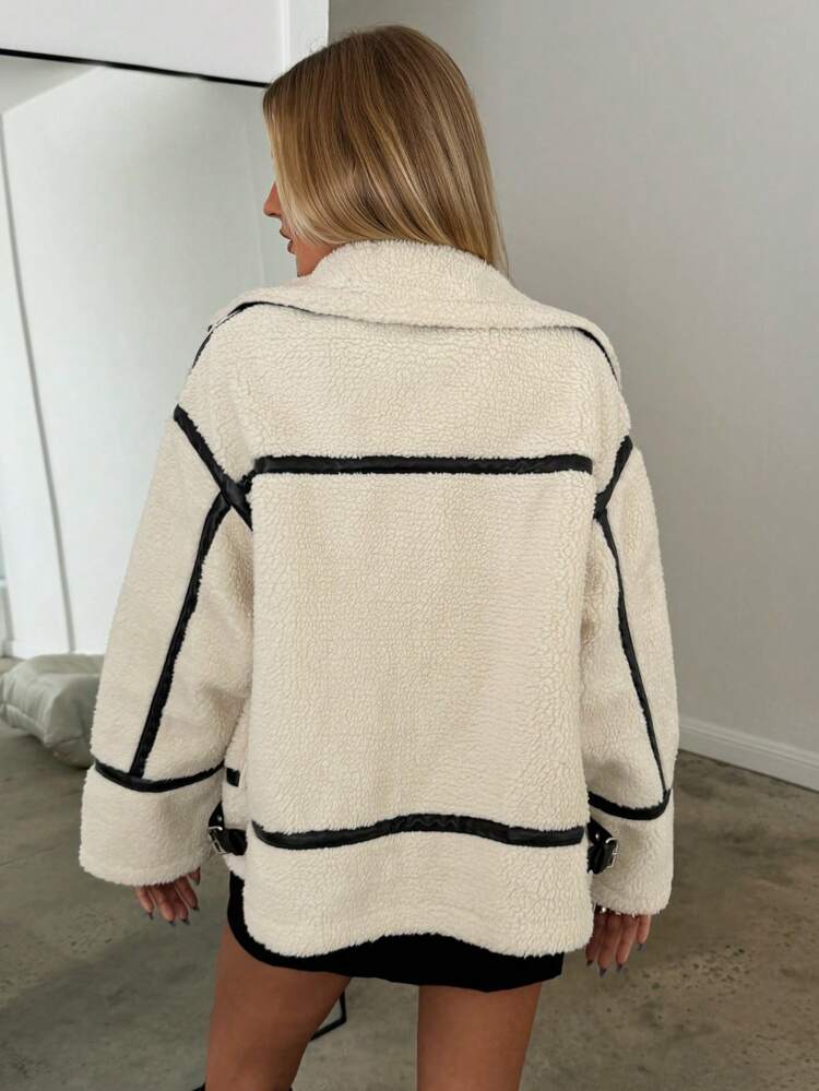 Veste aviateur teddy courte à boucles contrastées