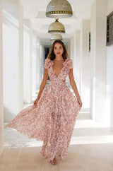 Robe longue col V découpée