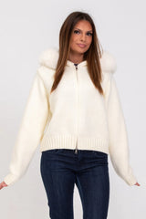 Veste Tricotée Zippée Capuche Fourrure