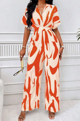 Combinaison Imprimée Col V Jambes Larges Taille Haute
