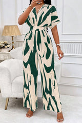 Combinaison Imprimée Col V Jambes Larges Taille Haute