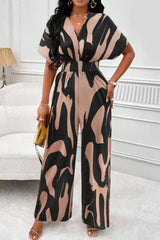 Combinaison Imprimée Col V Jambes Larges Taille Haute