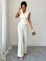 Ensemble Gilet Croisé & Pantalon Palazzo Écru