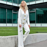 Ensemble maille boutons dorés col-V pantalon-long