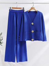 Ensemble maille boutons dorés col-V pantalon-long