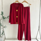 Ensemble maille boutons dorés col-V pantalon-long