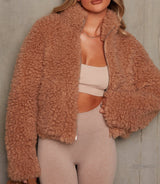 Veste teddy courte zippée col montant