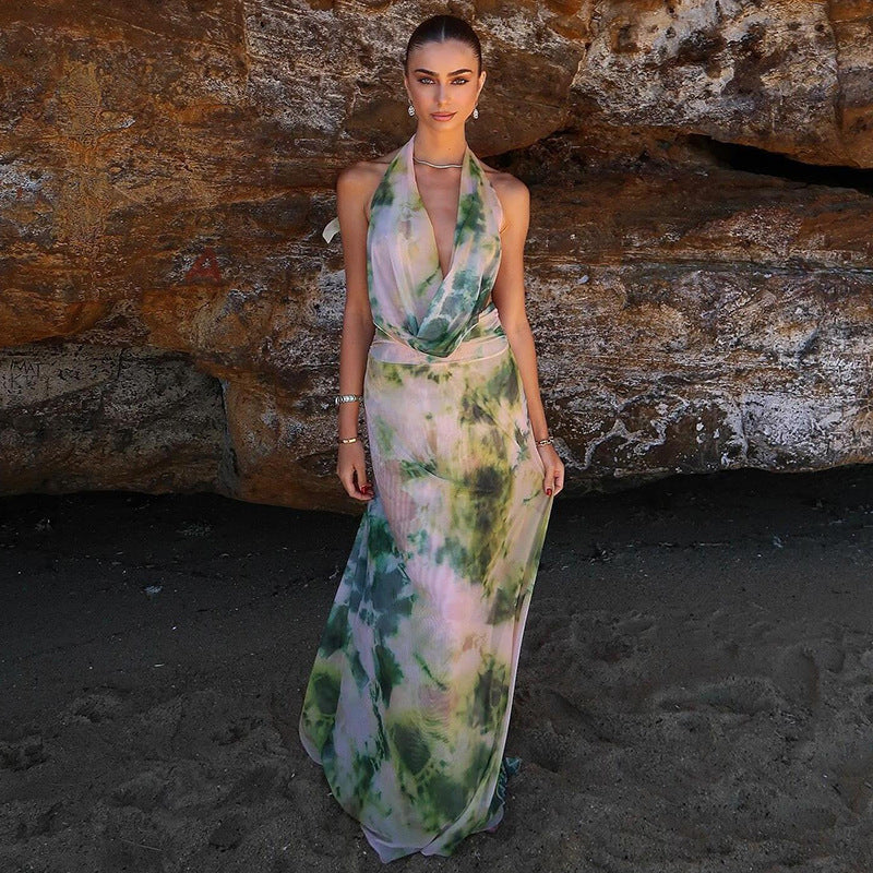 Robe Longue Dos Nu Imprimé Aquarelle