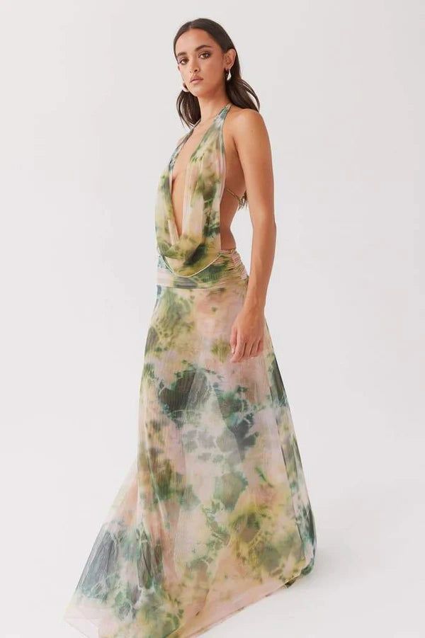 Robe Longue Dos Nu Imprimé Aquarelle