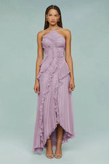 Robe longue plissée volants cascade