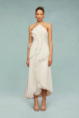 Robe longue plissée volants cascade