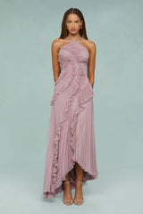 Robe longue plissée volants cascade