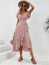 Robe portefeuille fleurie fendue midi