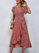 Robe portefeuille fleurie fendue midi