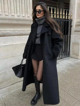 Trench laine ceinture double-boutonnage col-tailleur long