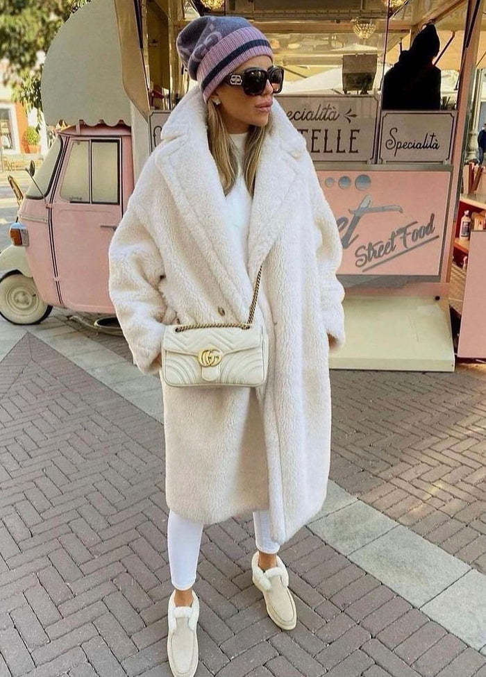 Manteau teddy long oversize col revers