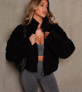Veste teddy courte zippée col montant