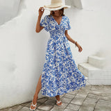 Robe longue bleu imprimé col V