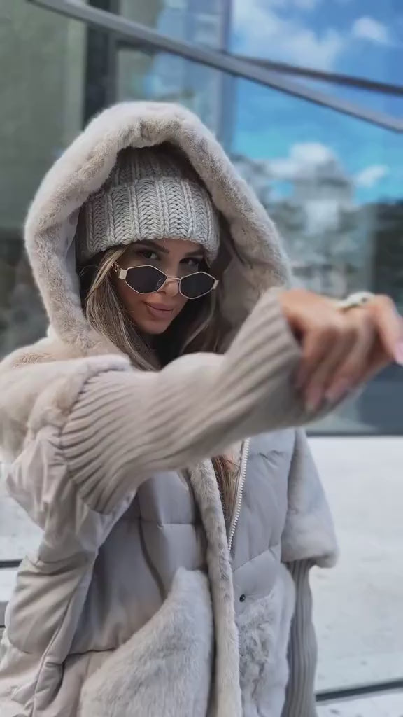 Manteau patchwork à capuche bordure fourrure synthétique, coupe ample trench lavable - manteau hivernal avec poches pratiques