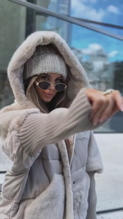 Manteau patchwork à capuche bordure fourrure synthétique, coupe ample trench lavable - manteau hivernal avec poches pratiques