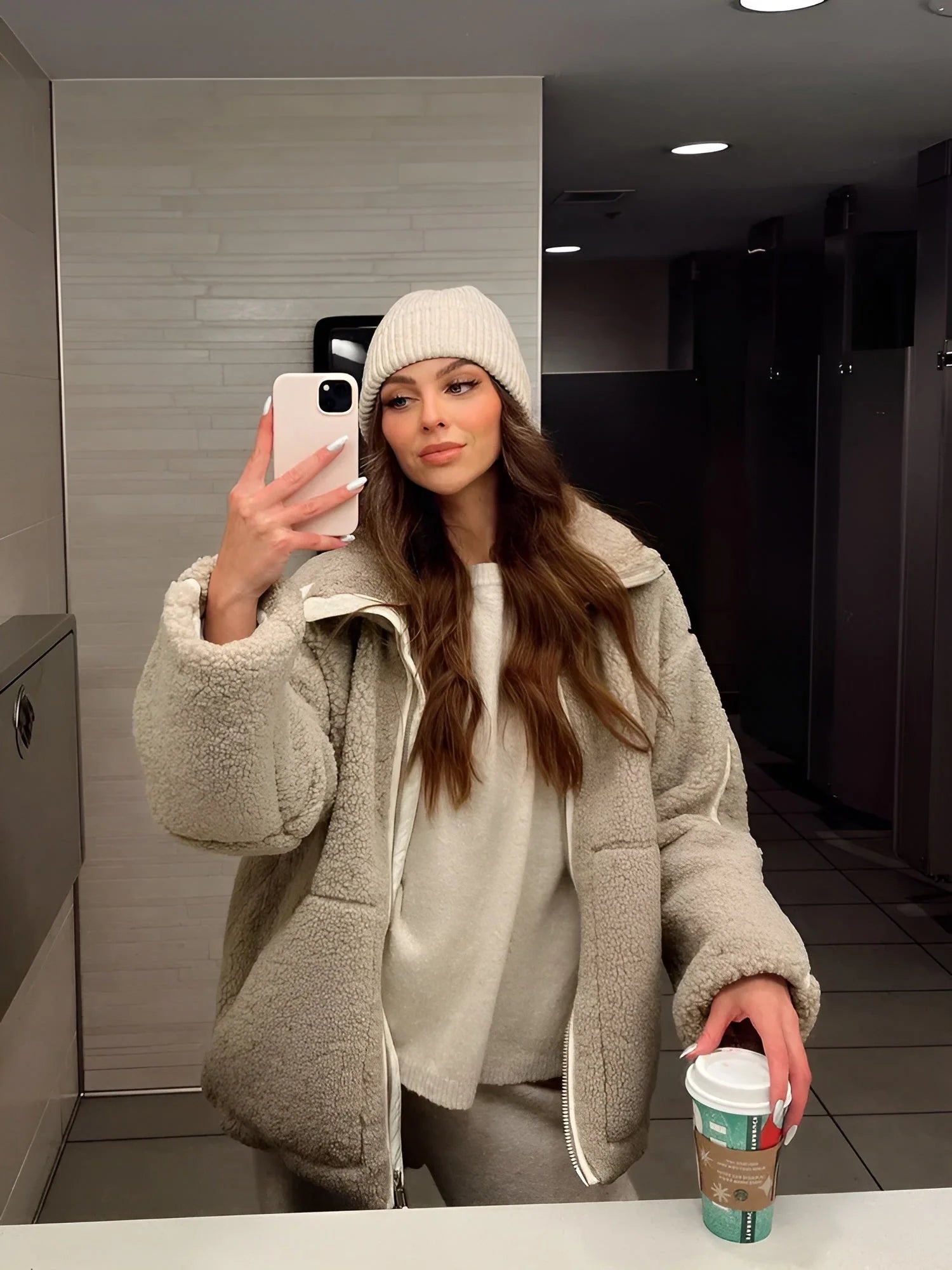 Veste teddy zippée col montant écru