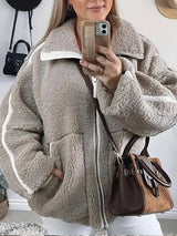 Veste teddy zippée col montant écru