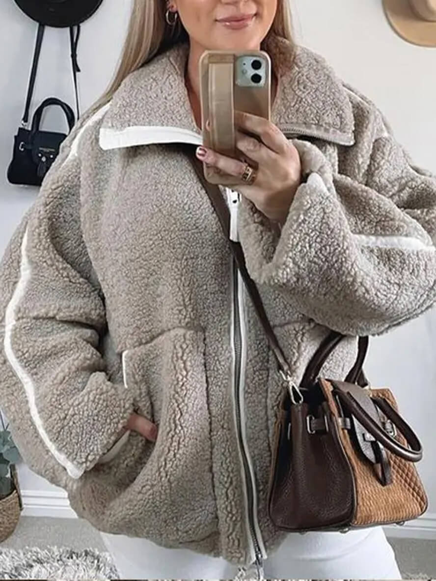 Veste teddy zippée col montant écru